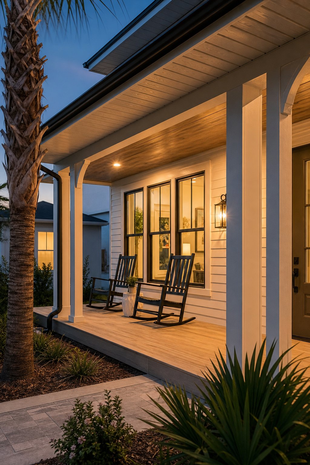 AI-generated concept image of a Florida home front porch at dusk